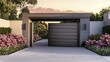 © farhan - A contemporary charcoal-gray garage door with horizontal steel panels, set against light gray walls