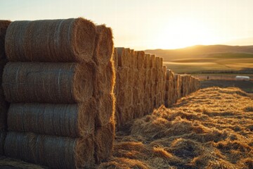 Aufkleber - Sunlight casts a warm glow on stacked hay bales in a tranquil rural landscape at sunset. Generative AI