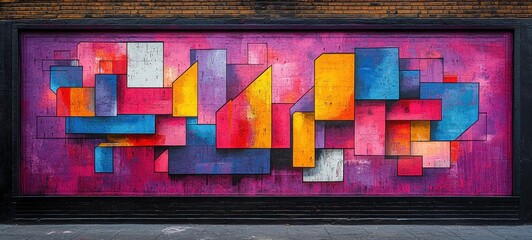 Poster - Vibrant Graffiti Mural Purple Wall Abstract Shapes Dramatic Backlighting Urban Style Low Angle Perspective