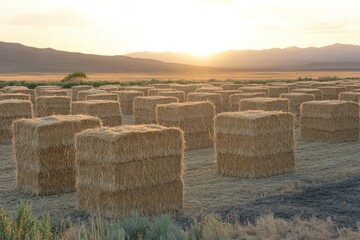 Poster - Golden hay bales scattered across a sunlit field at sunset near mountains. Generative AI
