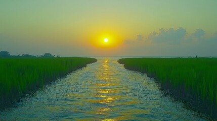 Canvas Print - Waterway at sunrise with grass shores & horizon