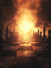 Aufkleber - Intense chessboard landscape illuminated by vibrant orange and yellow light at dusk. Generative AI