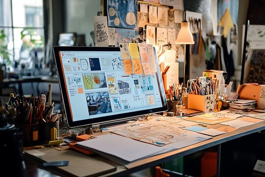 Creative workspace with computer displaying design project, surrounded by art supplies and sketches.
