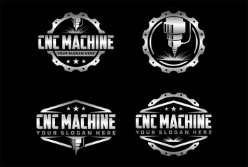 set of CNC machine logo emblem with plate steel illustration, Professional laser cutting logo design template
