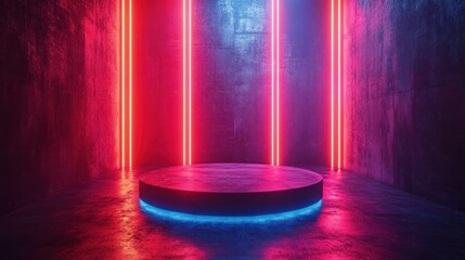 Poster - Futuristic Circular Stage with Neon Lights for Product Showcase in a Cyberpunk Environment