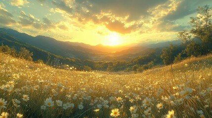 Canvas Print - Golden sunset over a vast field of white and yellow flowers with rolling hills in the background