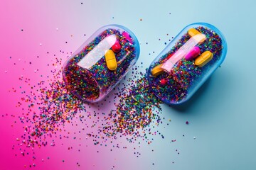 Aufkleber - Colorful particles spill from split capsules in vibrant composition with a lively background. Generative AI