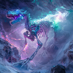 Wall Mural - An ancient dragon skeleton fossilized in crystal-clear ice within a glacier cave, glowing light reflecting through the ice creating rainbow hues, hyper-detailed textures of scales and ice cracks, cine