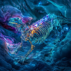 Wall Mural - An ancient dragon skeleton fossilized in crystal-clear ice within a glacier cave, glowing light reflecting through the ice creating rainbow hues, hyper-detailed textures of scales and ice cracks, cine