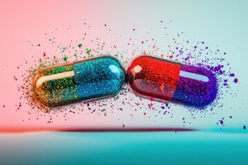 Poster - Colorful particles spill from a split capsule in a vibrant and dynamic display. Generative AI