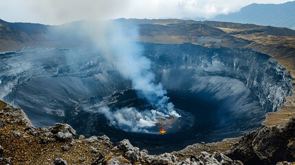 Volcanic crater eruption, Andes mountains, smoke plume, landscape, geological event, nature photography