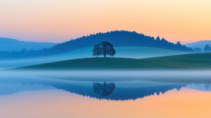  Serene Landscape with Tree Reflection on Calm Water at Sunrise