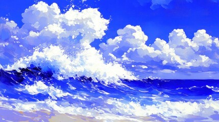 Wall Mural - vibrant ocean wave crashing against the shore under a bright blue sky with fluffy white clouds.