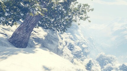 Wall Mural - snowy mountain vista with evergreen tree on cliff edge.