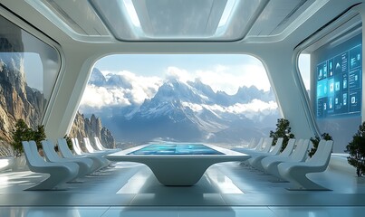 Poster - Futuristic conference room with panoramic mountain view and interactive table.