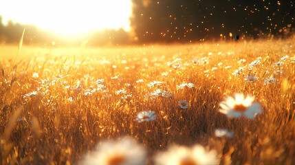 Canvas Print - Golden Hour Meadow: Daisies bathed in warm sunset light