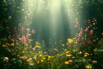 Wall Mural - Enchanted Garden: Sunlit Meadow with Vibrant Blossoms