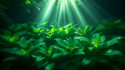 Canvas Print - Lush Green Foliage Illuminated by Rays of Light in a Dark Forest Setting