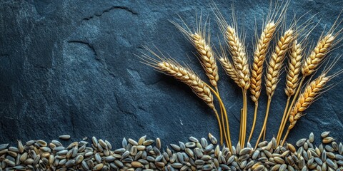 Canvas Print - Golden wheat stalks on dark stone with seeds. Harvest background for food