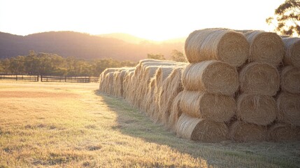 Aufkleber - Hay bales stacked neatly in a golden sunset landscape revealing a tranquil rural setting. Generative AI