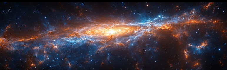 Wall Mural - a panoramic view of a spiral galaxy and cosmic light in deep blue and orange hues