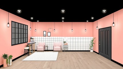 Wall Mural - Pastel pink room interior design with black accents, white tiled wall, wooden floor, armchairs, and pendant lights.