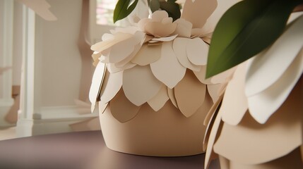 Wall Mural - Close-up of beige paper flower arrangement in a vase on a table.