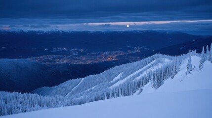 Wall Mural - snowy mountain peak at twilight overlooking a city with lights.