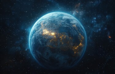 Wall Mural - striking view of earth from space with sunrise, stars and galaxy in background