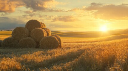 Aufkleber - Golden sunset over a field with hay bales stacked in the foreground and rolling hills in the distance. Generative AI