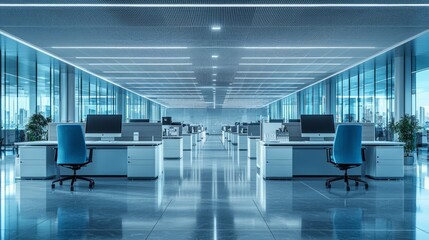 Wall Mural - empty modern office, city view, workday start, business