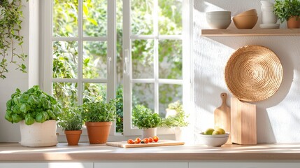 Poster - Sunny Kitchen Window Herbs Plants Sunlight Wooden Countertop