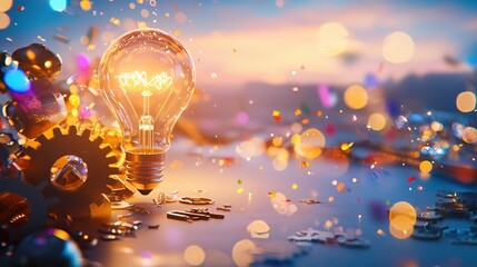 Poster - Bright Idea Innovation Concept Glowing Lightbulb Gears Confetti Sunset