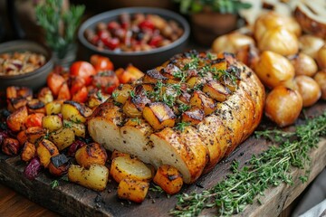 Wall Mural - rustic harvest feast with roasted root vegetables fresh herbs and a goldencrusted artisanal bread loaf on weathered farmhouse table