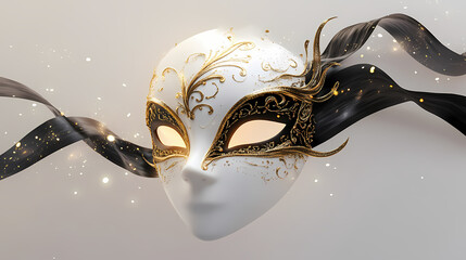 Wall Mural - White masquerade mask with intricate gold accents, styled on a clean white surface, ribbons in black and gold, glowing light bokeh, isolated on white background. Vintage Carnival Lights. Illustration