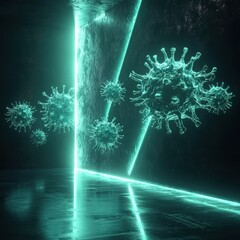 Poster - Strong glowing wall creates barrier against viruses in futuristic environment. Generative AI