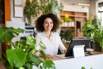 Poster - Happy Businesswoman Working in Plant Filled Office Smiling at Camera