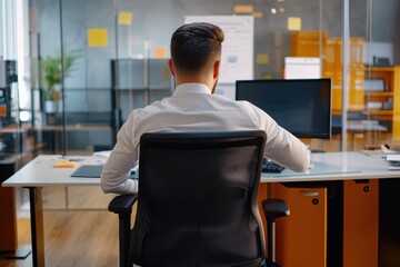 Poster - Modern Office Worker Focused on Computer Screen Back View