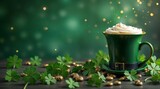 Festive green coffee cup surrounded by clovers and gold coins, perfect for St. Patrick's Day celebration