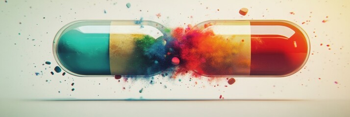 Aufkleber - Colorful particles burst from a split capsule in a creative display of vivid hues. Generative AI