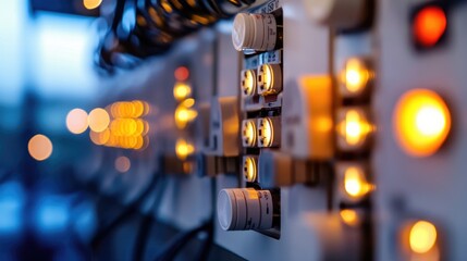 Poster - A close-up of a fuse box with neatly labeled circuits and glowing indicators.