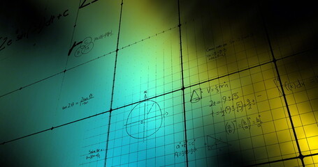 Poster - Image of layers of mathematical formulae and equations on grids over green light