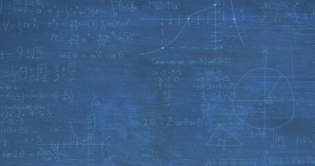 Poster - Image of layers of mathematical formulae and equations over blue chalkboard