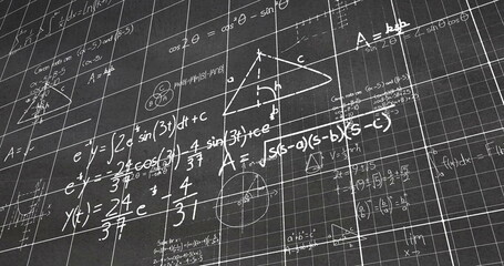 Poster - Image of layers of mathematical formulae and equations on grids over grey chalkboard