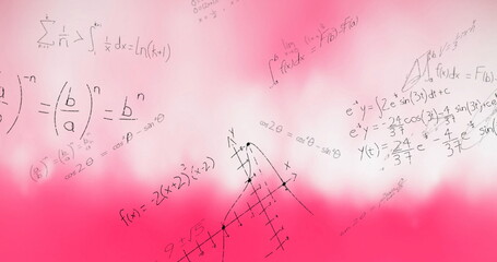 Poster - Image of layers of mathematical formulae and equations over pink and white smoke