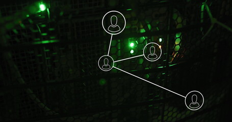 Poster - Image of network of connections with icons and data processing over computer servers