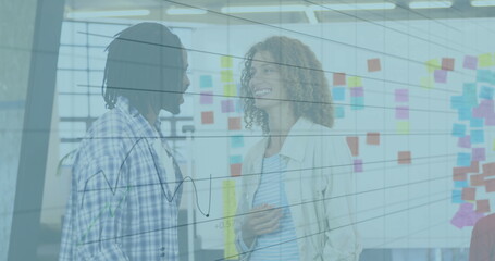 Poster - Image of financial data processing over diverse business people in office