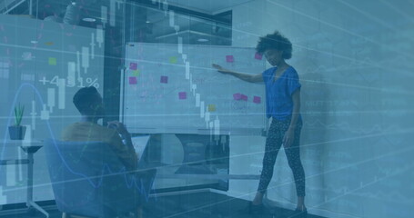 Poster - Image of financial data processing over diverse colleagues discussing work in office