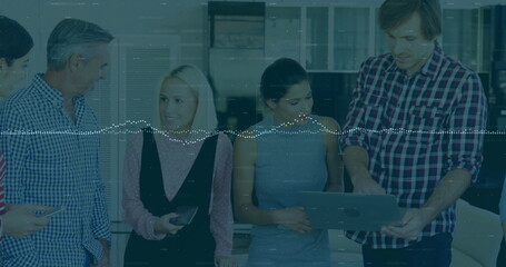 Poster - Image of financial data processing over diverse business people in office