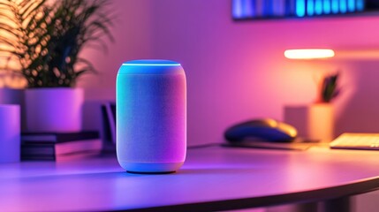 Poster - A digital assistant device placed on a sleek desk with vibrant lighting.